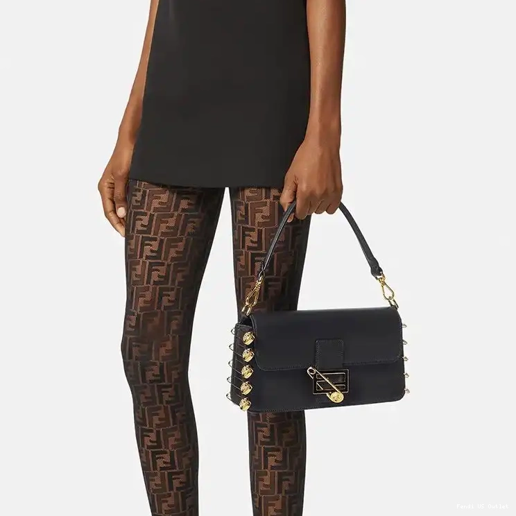 Affordable HOT Brooches Baguette Medium Pin with Leather Fendace Black In Fendi Calf Bag 0324